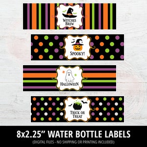May include: Four printable 8x2.25 inch water bottle labels with Halloween themes. The labels feature a witch's hat, a pumpkin, a ghost, and a cauldron. The labels are designed with a black background and colorful polka dots, stripes, and other designs.