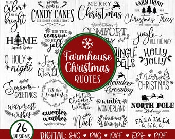 May include: A collection of 26 farmhouse Christmas quotes in black text on a white background. The quotes include "All is Calm, All is Bright", "Tis the Season to be Jolly", "Jingle Bells", "Merry Christmas", "Winter Wonderland", and more.