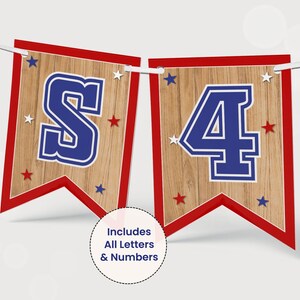Two printable 5x7 inch flags with a wood grain background and blue borders. The text reads "includes all letters and numbers".