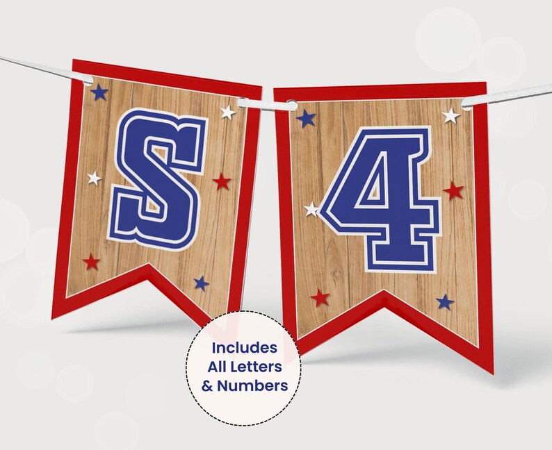 Two printable 5x7 inch flags with a wood grain background and blue borders. The text reads "includes all letters and numbers".