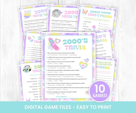 2000s Games Bundle Printable, 2000s Party Games, 2000s Trivia, Y2k 00s Activities, 2000s Party Games for Kids & Adults, Y2K Trivia DIGITAL
