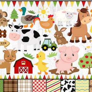 Farm Animals Clipart, Farm Clipart, Animals Clipart, Cute Farm Animals, Cow, Horse, Pig, Chickens, Sheep, Barn, Farm, Digital Paper PNG ONLY