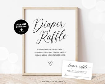 Minimal Diaper Raffle Kit, Baby Shower Games Gender Neutral, Tickets and Sign, Calligraphy, Modern, Printable, DIGITAL