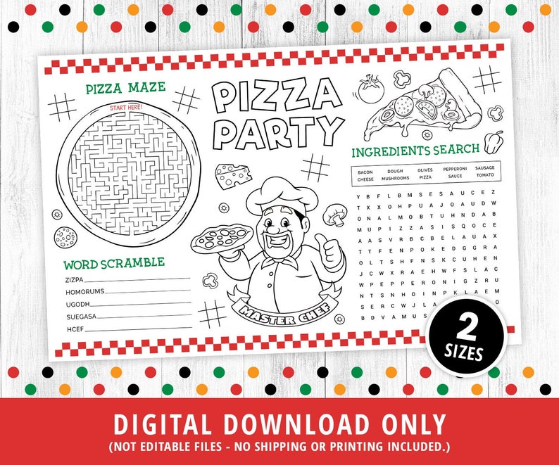 May include: Black and white printable pizza party activity sheet with a pizza maze, word scramble, and ingredient search. The sheet features a cartoon chef with the text "Master Chef" and the words "Pizza Party".