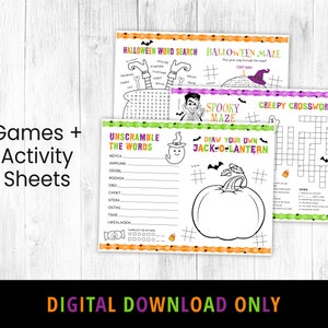 Peut inclure: Un ensemble de feuilles d'activit&eacute;s d'Halloween imprimables comprenant une recherche de mots, un labyrinthe, un mot crois&eacute;, un jeu de mots m&eacute;lang&eacute;s et un dessin de votre propre citrouille. Les feuilles sont en noir et blanc avec des accents orange, violet et vert.