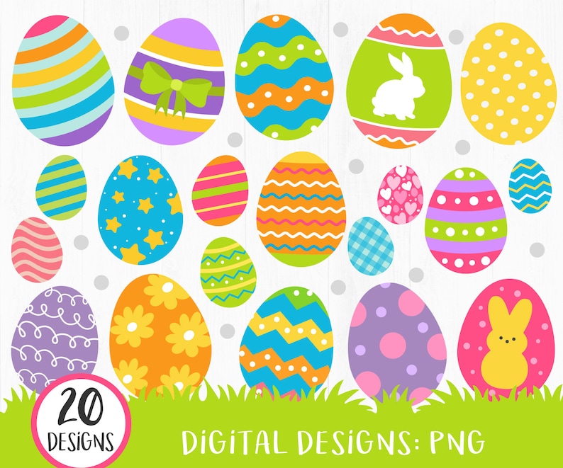 May include: Twenty digital designs of colorful Easter eggs with various patterns, including stripes, polka dots, stars, and hearts. The eggs are arranged in a grid on a white wooden background. The text "20 DESIGNS" and "DIGITAL DESIGNS: PNG" are at the bottom of the image.