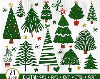 Choinki Svg, Ręcznie rysowane choinki Svg, Wesołych Świąt Svg, Boho, Doodle, Clipart, Rustykalne drzewa Svg, Pliki do cięcia Cricut, CYFROWE