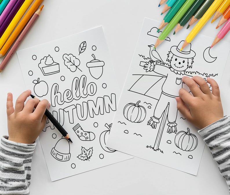 May include: Two coloring pages featuring autumn themes. The first page says "hello autumn" with a pie, a leaf, and a pumpkin. The second page features a scarecrow with a bird, pumpkins, and the text "Happy Fall".