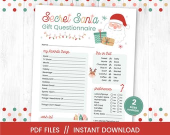 Può includere: Un questionario di Secret Santa stampabile con un tema natalizio festoso. Il questionario include sezioni per le cose preferite, questo o quello, preferenze e una lista dei desideri. Presenta un Babbo Natale dei cartoni animati e una renna.