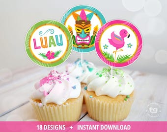 Luau Tropischer Cupcake Toppers, Hawaiian Sommer Geburtstagsparty Dekor, Tiki, Tropische Thema Dekorationen, DIGITAL