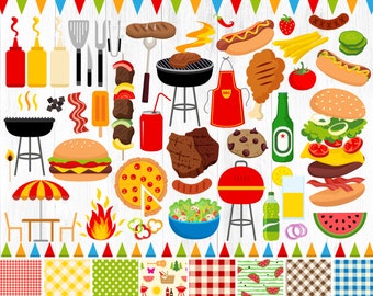 128 BACKYARD BBQ Clipart, BBQ Clipart, Barbeque Clipart, Picnic Clipart, Burgers, Grill, Cookout, Summer Clipart, Grill Party Food, Patterns