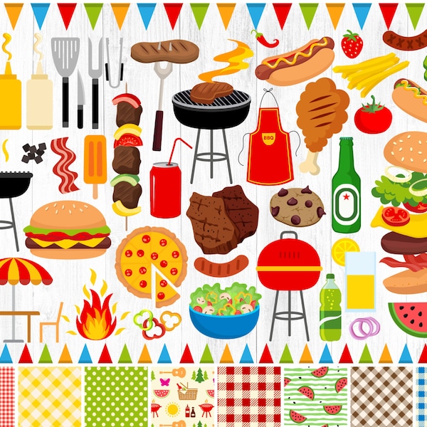 128 BACKYARD BBQ Clipart, BBQ Clipart, Barbeque Clipart, Picnic Clipart, Burgers, Grill, Cookout, Summer Clipart, Grill Party Food, Patterns