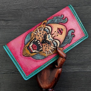 Witchy Retro Lion and Girl FlipFace Leather Long Wallet Large Wallet Clutch