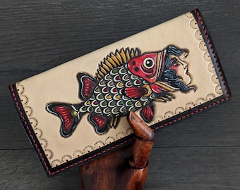 Witchy Gothic American Traditional Tattoo Style Fish Girl Leather Long Wallet Clutch
