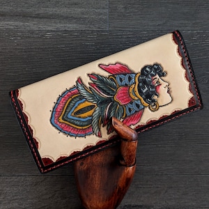 Cartera de mano larga estilo gótico americano tradicional con tatuaje de chica pez y sirena