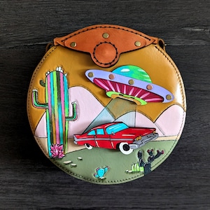 Leather Alien Abduction Desert Circle Purse with Interchangeable Charms