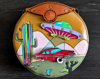 Leather Alien Abduction Desert Circle Purse with Interchangeable Charms