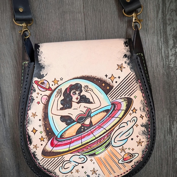 American traditional tattoo style leather UFO abduction crossbody purse