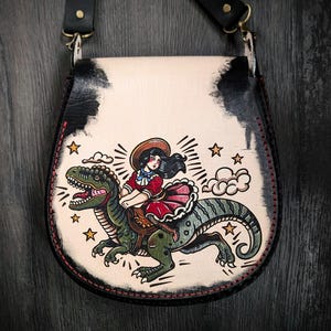 American traditional tattoo style leather crossbody purse Dino Cowgirl