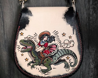 American traditional tattoo style leather crossbody purse Dino Cowgirl