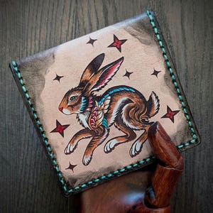 Vintage Style American Traditional Tattoo Style Rabbit Bifold Leather Wallet image 2