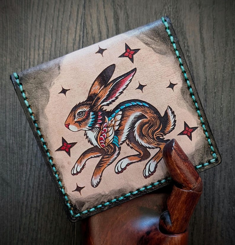 Vintage Style American Traditional Tattoo Style Rabbit Bifold Leather Wallet image 2
