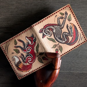 Cartera plegable de cuero estilo tatuaje tradicional americano de estilo vintage con diseño de zorro
