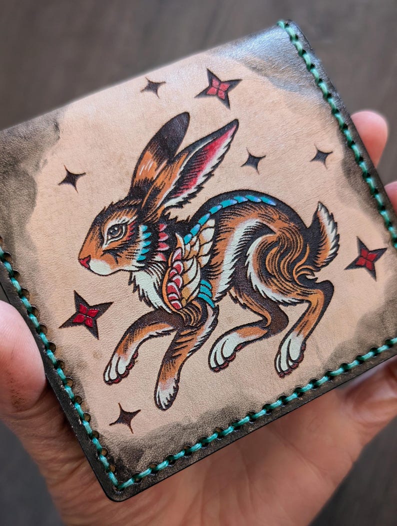 Vintage Style American Traditional Tattoo Style Rabbit Bifold Leather Wallet image 6