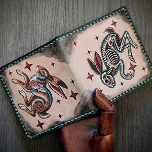 Cartera de cuero plegable con diseño de conejo, estilo tradicional americano, estilo tatuaje, estilo vintage