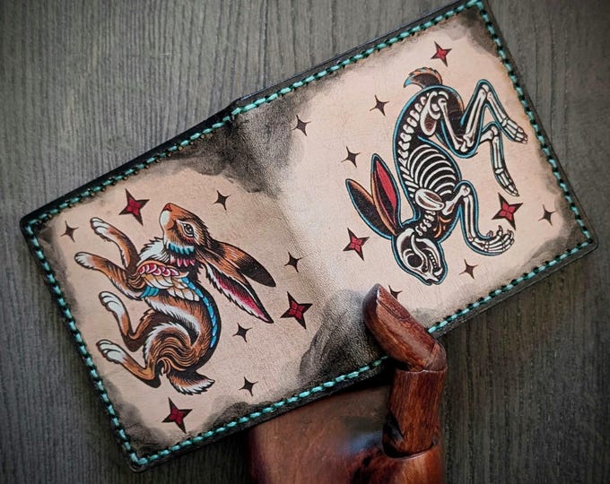 Vintage Style American Traditional Tattoo Style Rabbit Bifold Leather Wallet