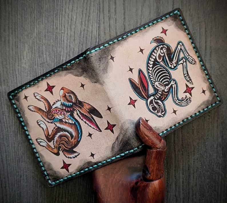 Vintage Style American Traditional Tattoo Style Rabbit Bifold Leather Wallet image 1
