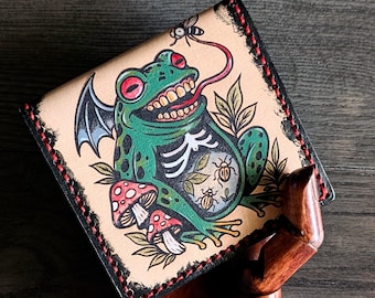 座っているカエルの革財布 ブラウンまたはブラック レザー ポンド