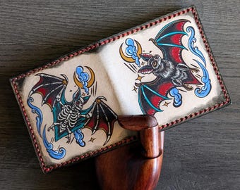 Vintage Style American Traditional Tattoo Style Bat Bifold Leather Wallet