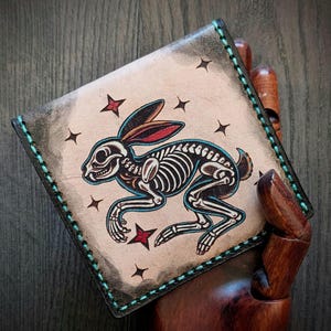 Vintage Style American Traditional Tattoo Style Rabbit Bifold Leather Wallet image 3