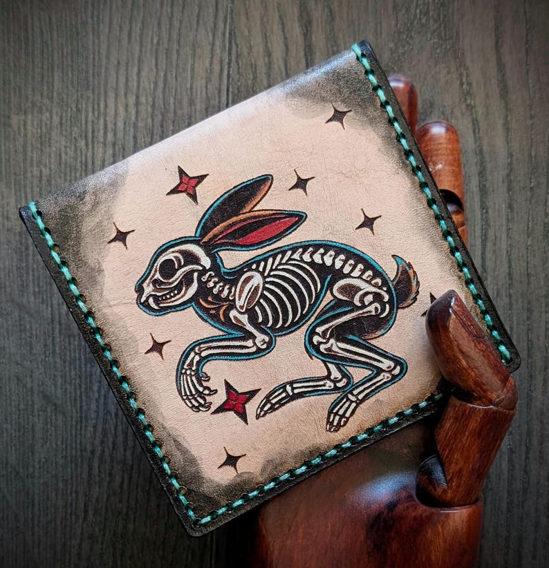 Vintage Style American Traditional Tattoo Style Rabbit Bifold Leather Wallet image 3