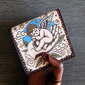 Cartera plegable de cuero con diseño de querubín durmiente, estilo tatuaje tradicional americano, estilo vintage