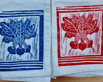 Flour Sack Towel, Linoleum Block Print, Red Radish, Dish Towel, Purple Beet, Kitchen Towel, Hostess Gift, Housewarming Gift, 100% Cotton