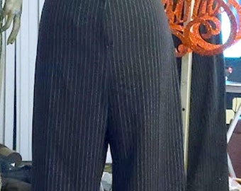 Fully-Lined Dark Navy-Blue Pin Striped Wide Leg Trousers Size 12