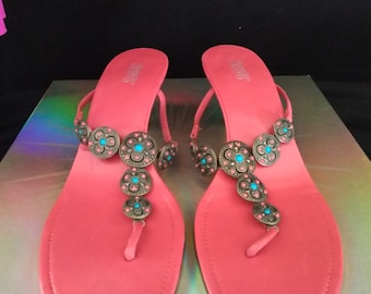 Leather Jeweled Sandels in Coral