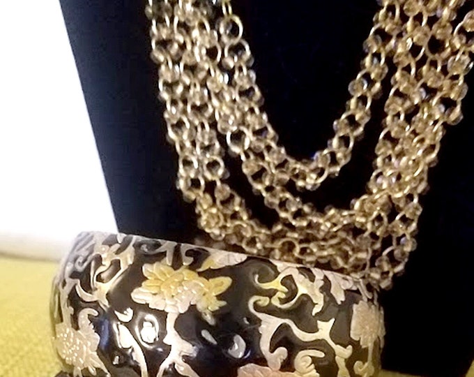 Vintage 70's Tri-Color Chain Necklace, Cuff Bracelet & Earrings Set
