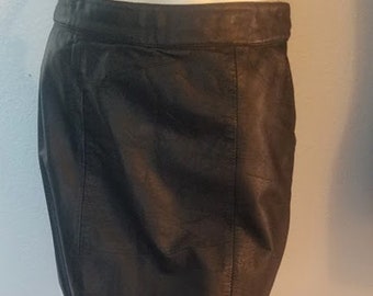 Vintage 80's Imported Black Leather Panel Skirt - Fully Lined