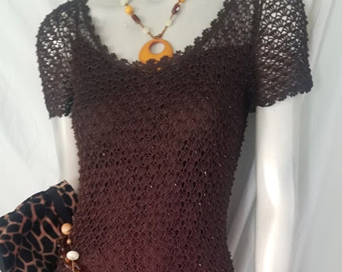 Vintage Carmen Marc Valvo Crocheted Maxi Dress Chocolate Brown