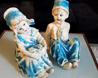 Vintage Chalkware 7" Boy & Girl Figurines