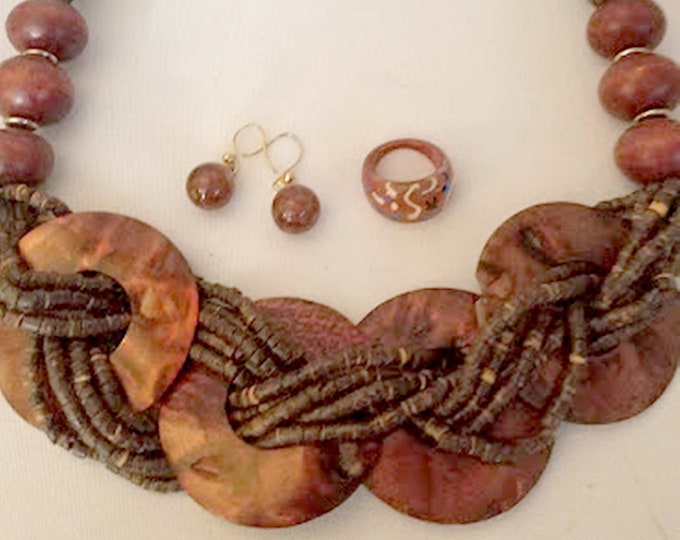 Vintage 4 Piece Tribal Set, Shell Necklace, Glass Amber Earrings, Ring