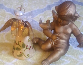 Vintage Angel Ornament and Gold Plaster Cherub