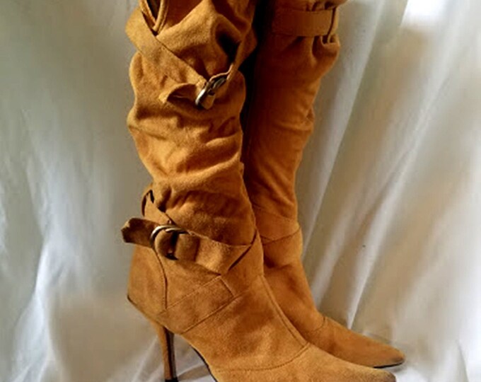 Vintage 90's Mustard-Yellow Ultra-Suede Fabric Scrunch Boots