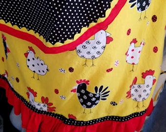 Vintage Ruffled Rickrack Apron with Chickens