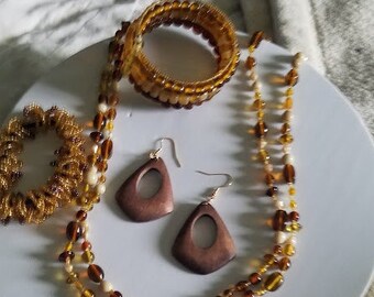 Vintage 5 Piece Earthy Collection of Amber Glass Beads, Wooden Earrings, Beaded Bracelets