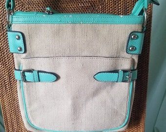 Canvas and Turquoise Leather Cross-Over Handbag