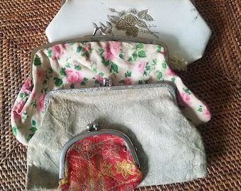 A Vintage Collection Of 3 Cosmetic Bags & 1 Silk Coin Purse